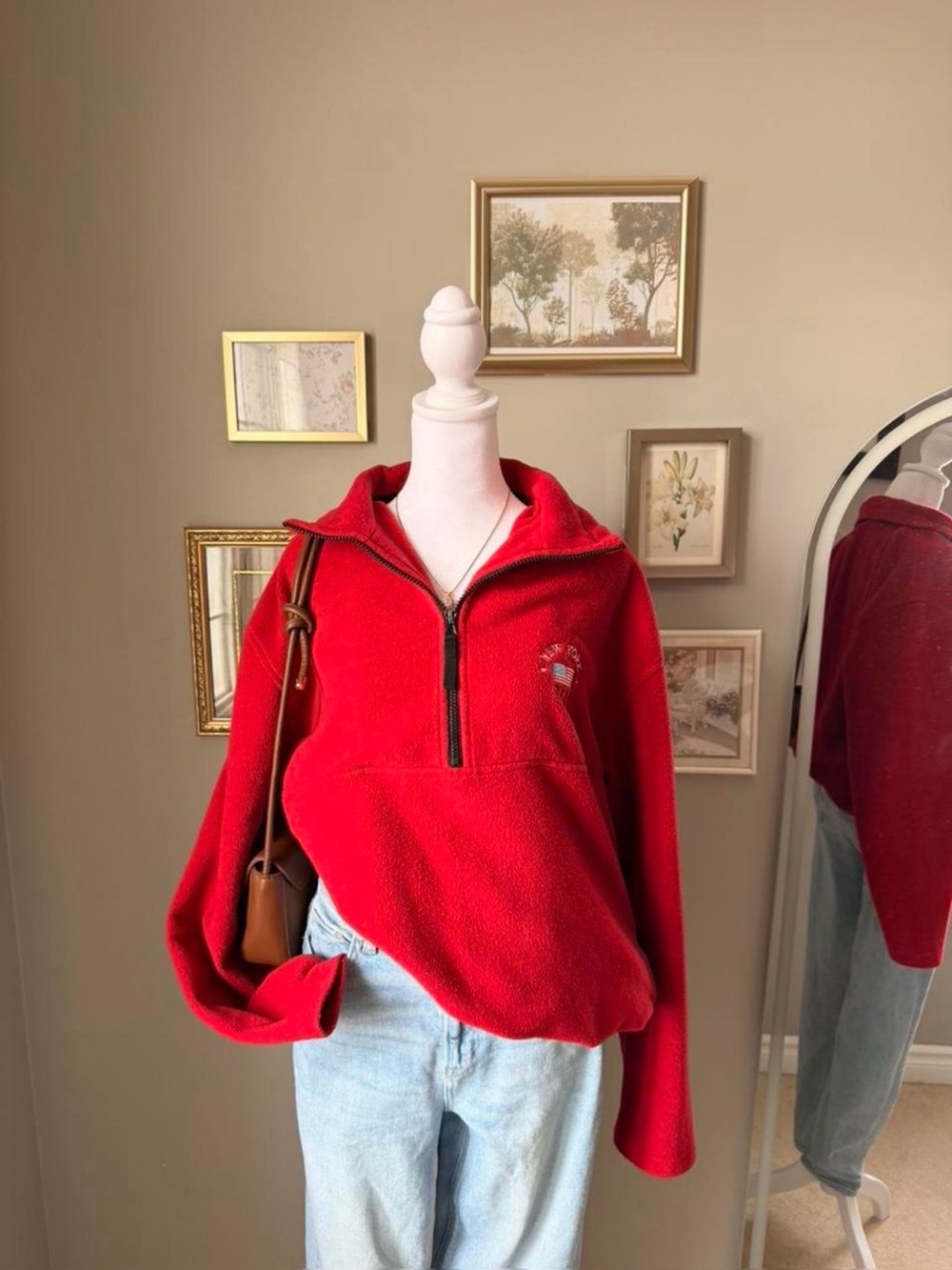 Vintage Inspired Red Half-Zip Fleece Pullover Sweater